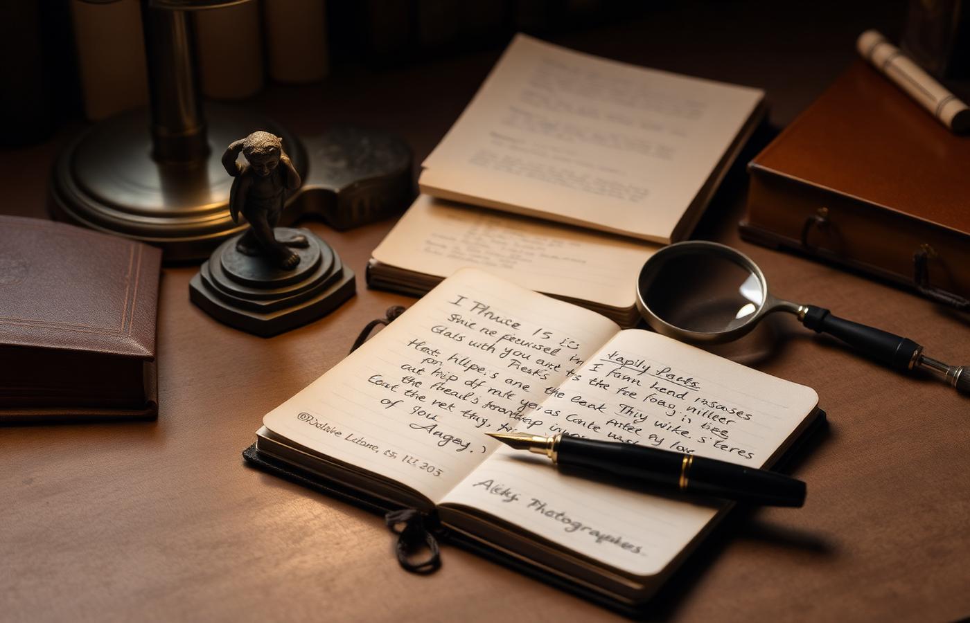 A cataloguer's desk with a small bronze, a loupe and a notebook