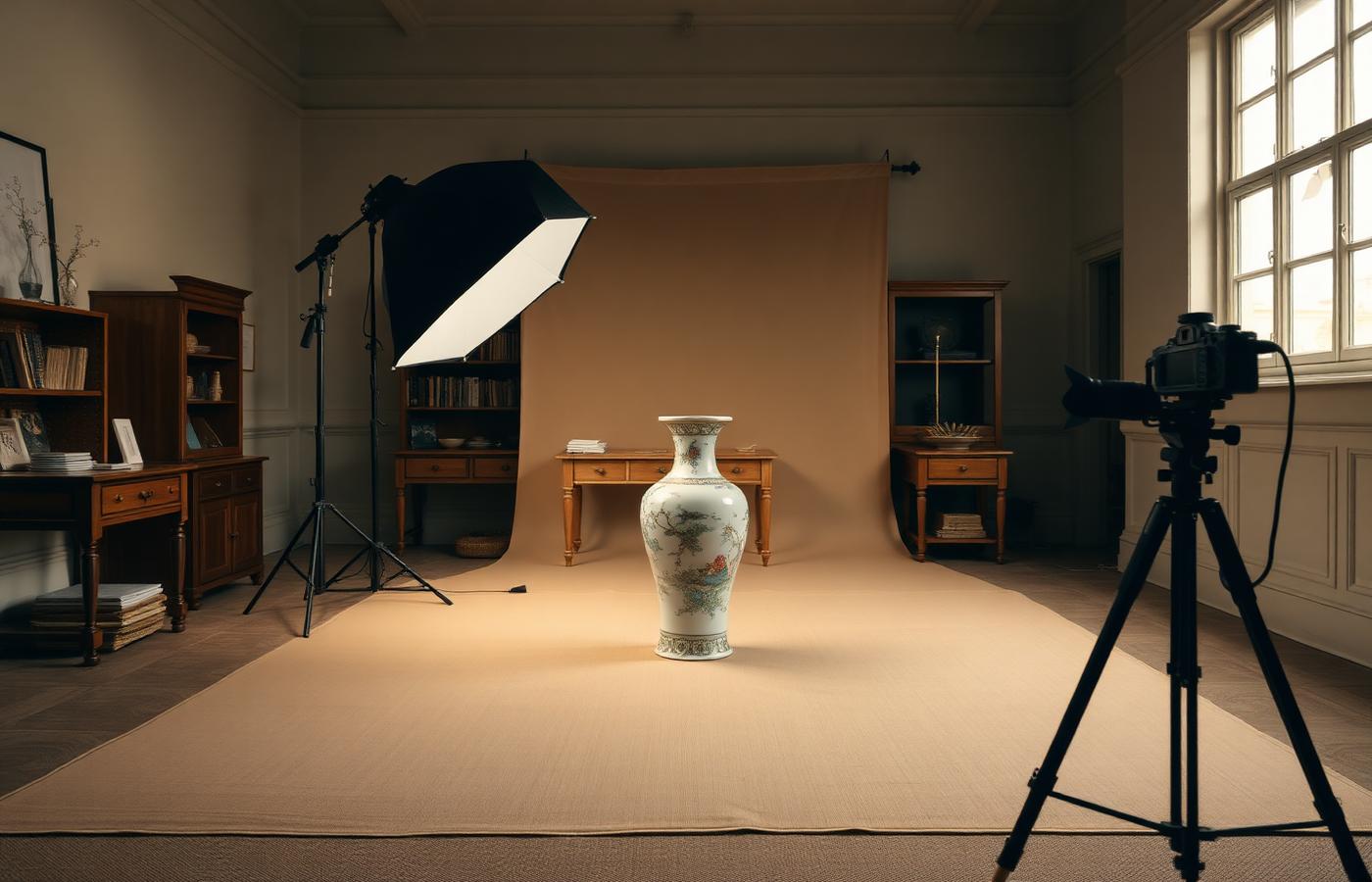A photographic setup in an auction house back room with a porcelain vase