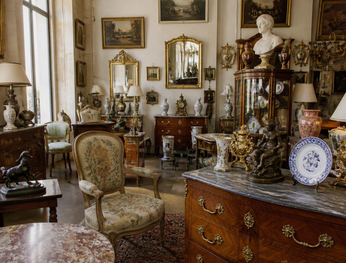 Interior of a French antique dealer's shop, furniture and objects awaiting cataloguing