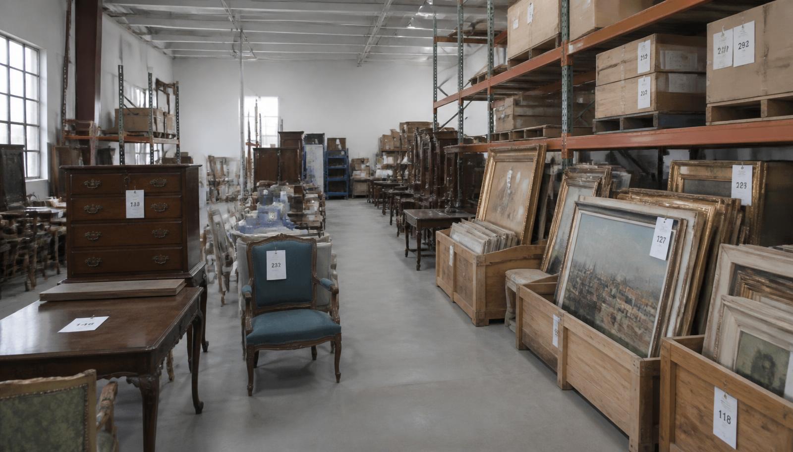 Auction house warehouse with tagged lots awaiting sale